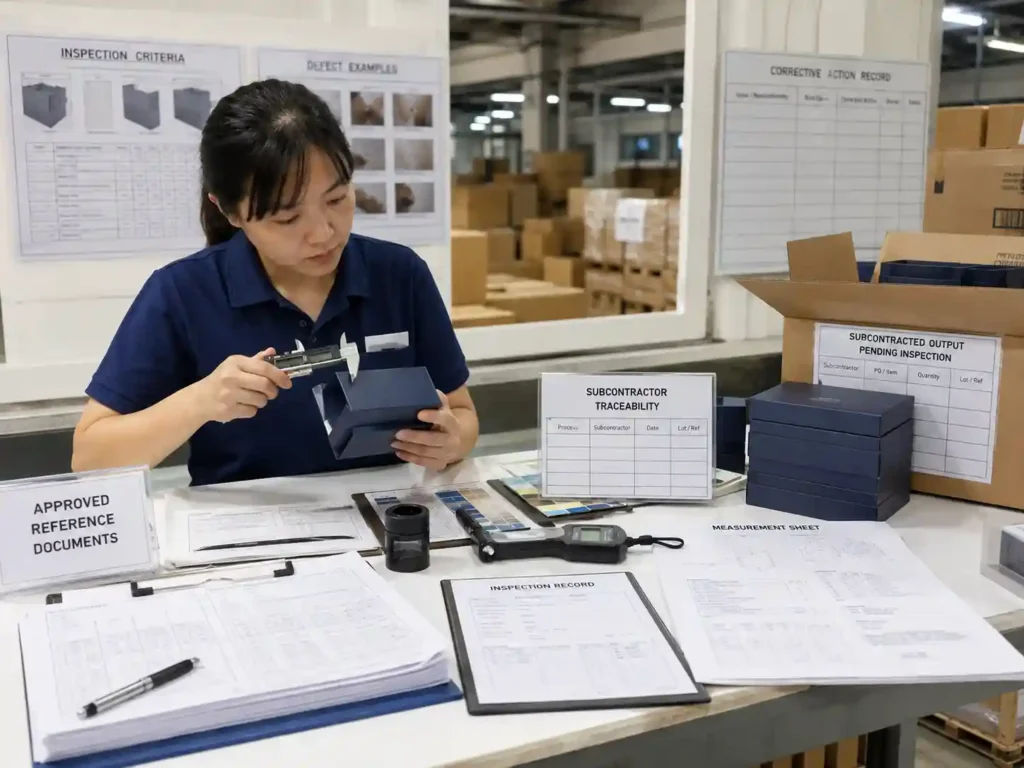 Quality staff checking subcontracted packaging with inspection records, measurements, traceability documents, and corrective-action evidence.