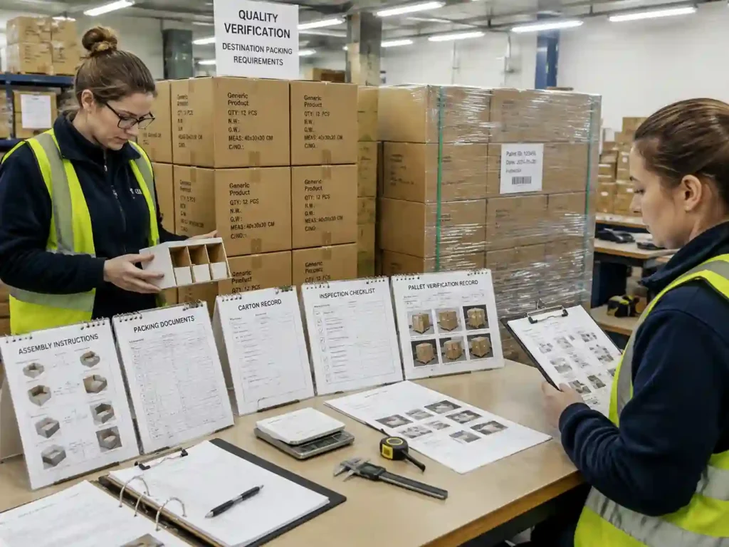 QC staff verifying assembly instructions, packaging measurements, and shipment records for destination co packer preparation.