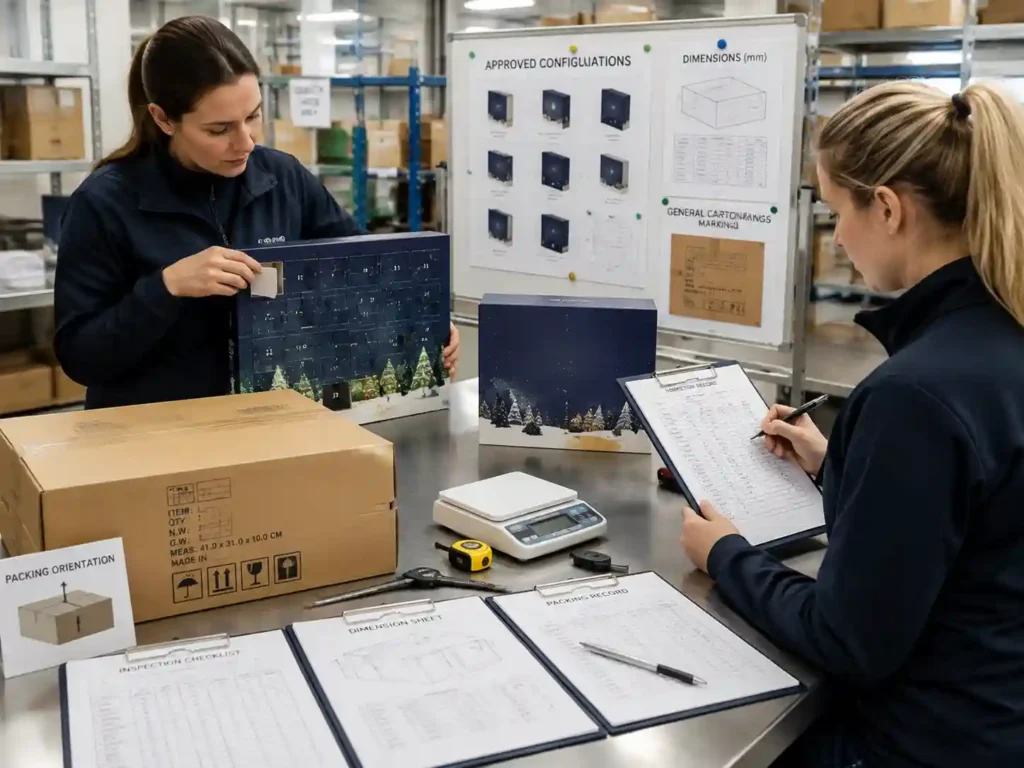 Quality inspectors verifying subscription fulfillment advent calendar packaging with records, measurements, and packing checks.