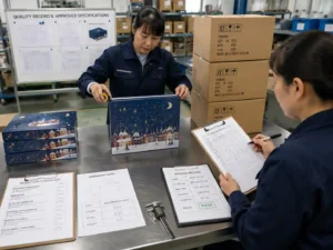 QC inspection of ship ready advent calendar packaging with measurement records and approval documents.