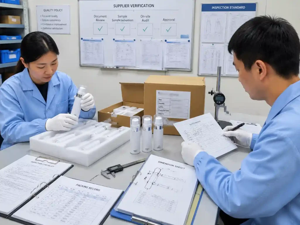 QC inspectors verifying airless skincare bottle advent calendar insert fit with records and measurements