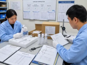 QC inspectors verifying airless skincare bottle advent calendar insert fit with records and measurements