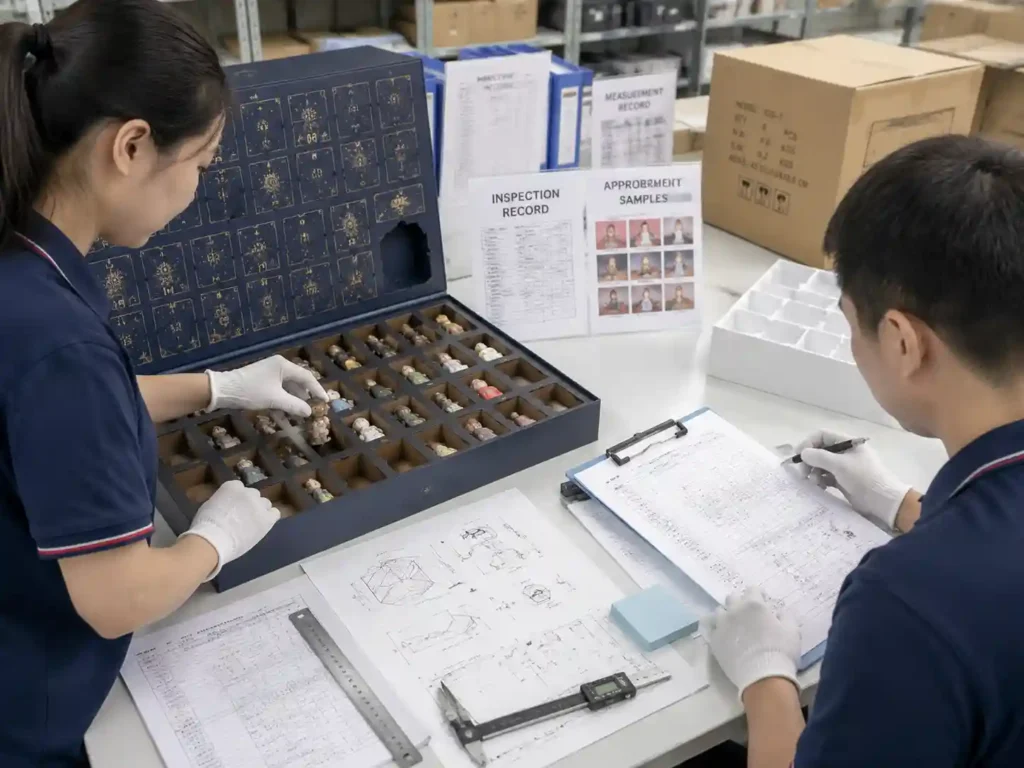 Quality inspection of collectible figure advent calendar compartments with measurement records and packing checks.