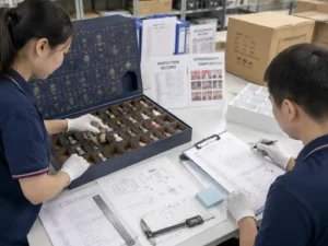 Quality inspection of collectible figure advent calendar compartments with measurement records and packing checks.