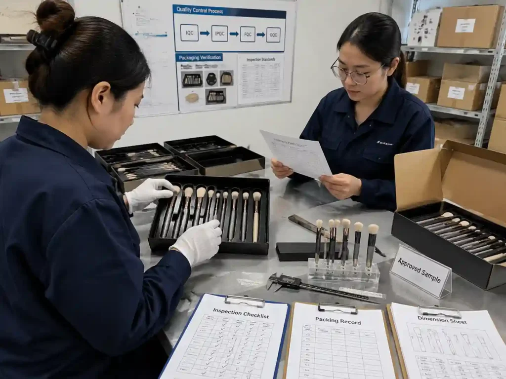 QC staff verifying makeup brush compartment fit, measurements, and packaging approval records
