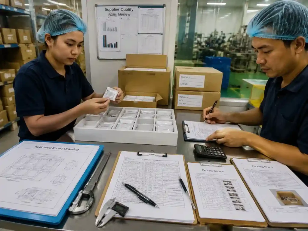 QC staff verifying sachet compartment inserts with measurements and approval records