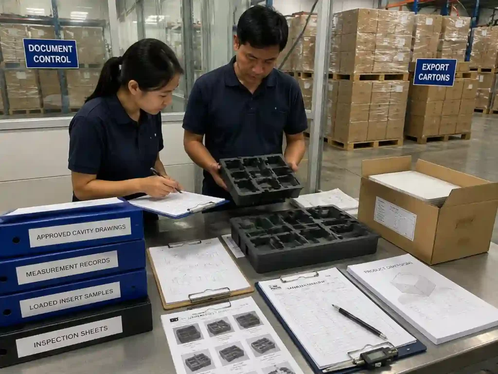 QC staff verifying compartment dimensions with inspection records and approved packaging documents.