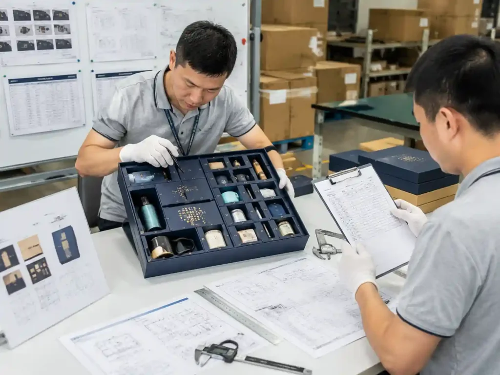 Quality inspectors verifying mixed item advent calendar packaging with measurement records and inspection documents.