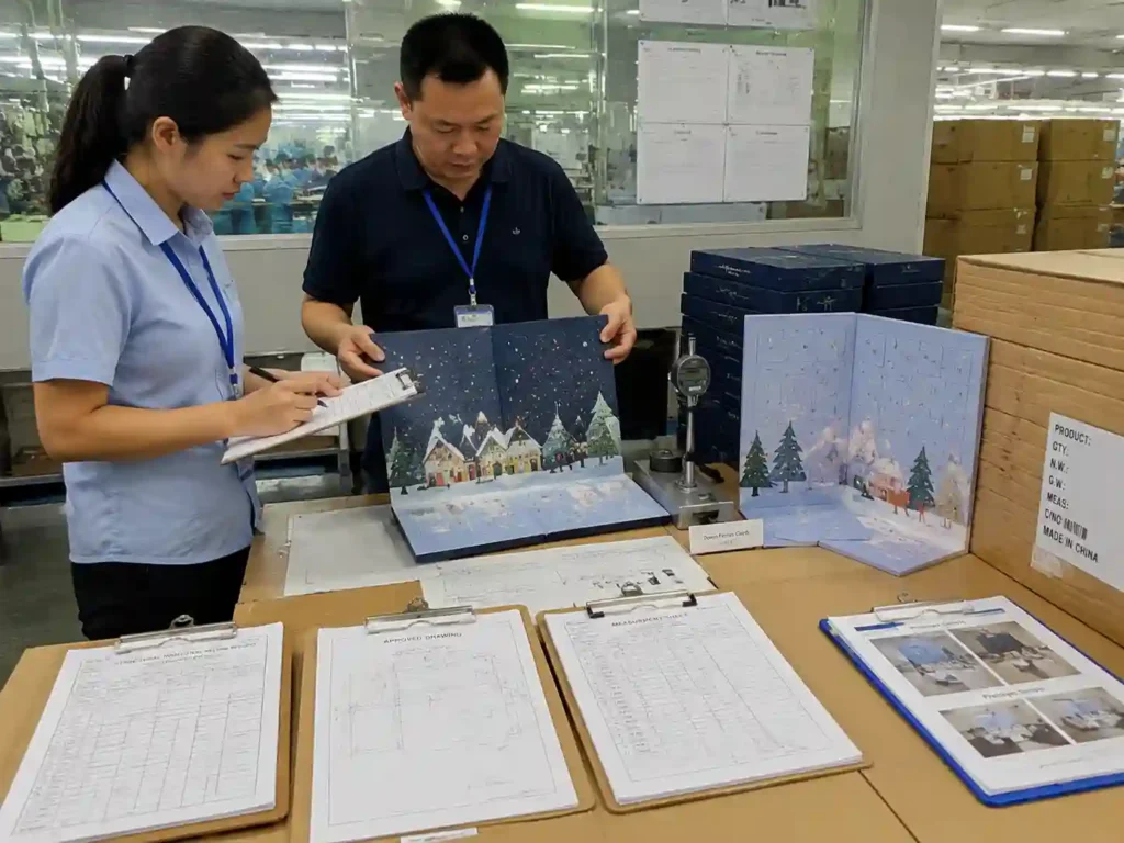 Quality control staff verifying fold-out advent calendar flatness through inspection records, measurements, and approved samples.