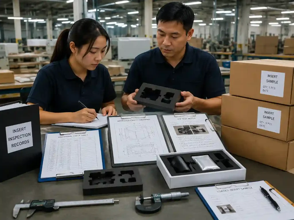 QC team verifying insert measurements, samples, and packaging fulfillment records