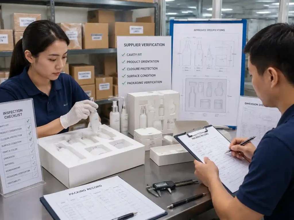 QC staff verifying secondary carton beauty insert measurements and packaging inspection records.