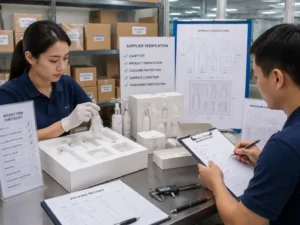 QC staff verifying secondary carton beauty insert measurements and packaging inspection records.