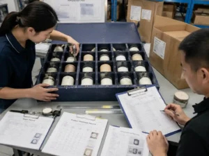 Quality inspectors verifying heavy candle jar insert fit with measurements, records and loaded packaging samples.