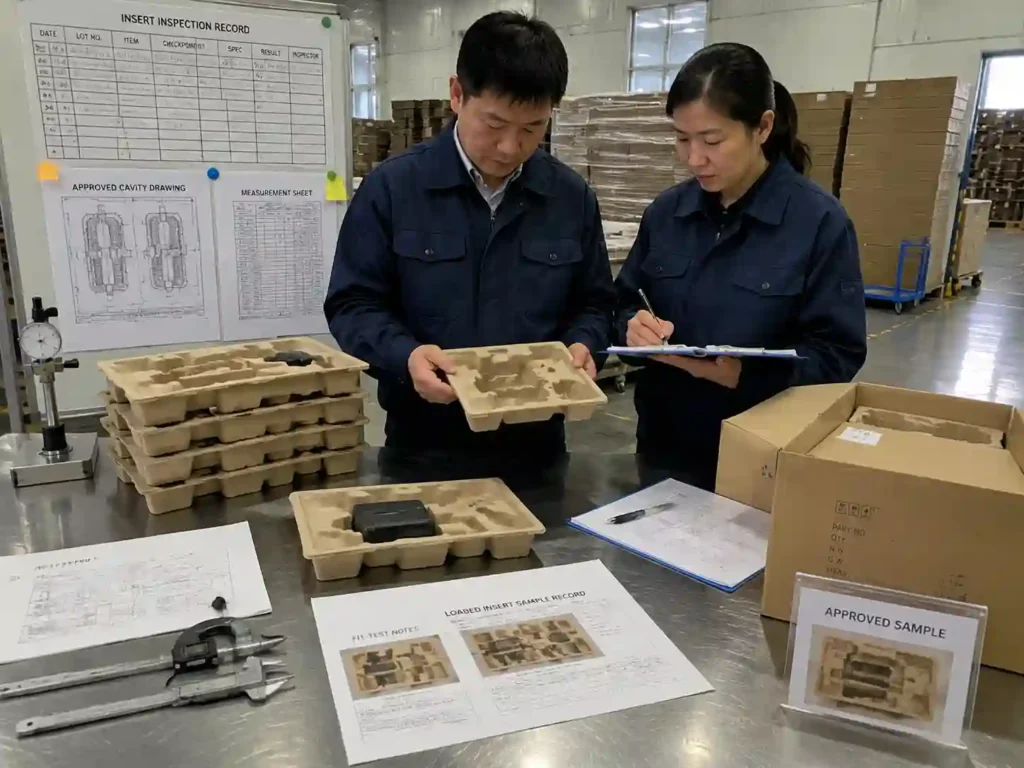 QC team verifying molded pulp insert measurements and production approval records