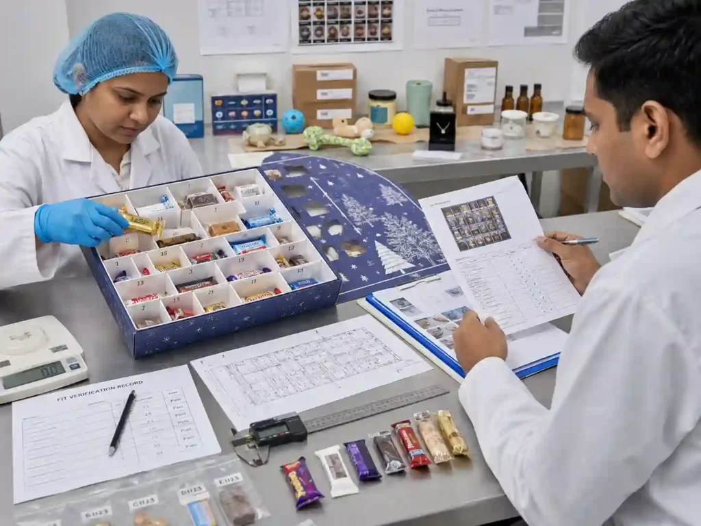 Quality staff verify wrapped confectionery fit, separation, and wrapper integrity in paper inserts.