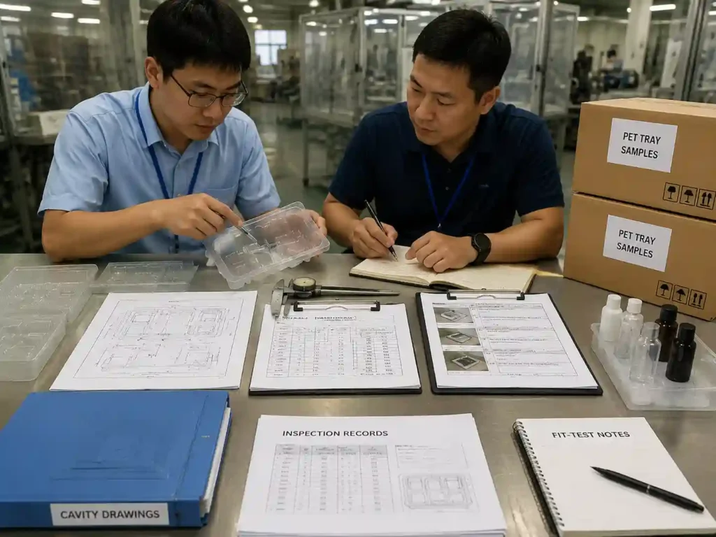 Quality control inspection of PET tray measurements and production approval records