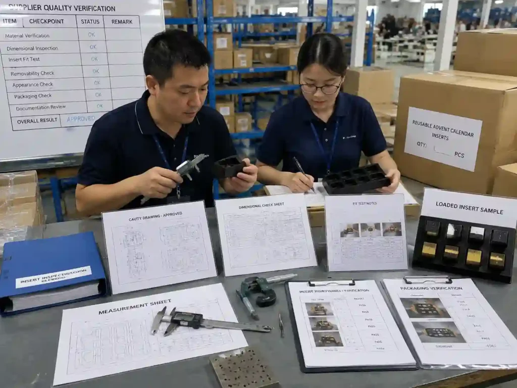 QC team verifying removable reusable box inserts with measurements, inspection records, and packaging samples