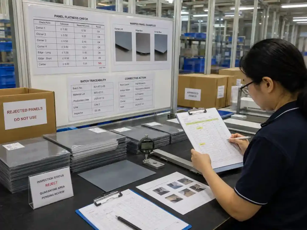 QC team reviewing warped panel measurements, traceability records and corrective action