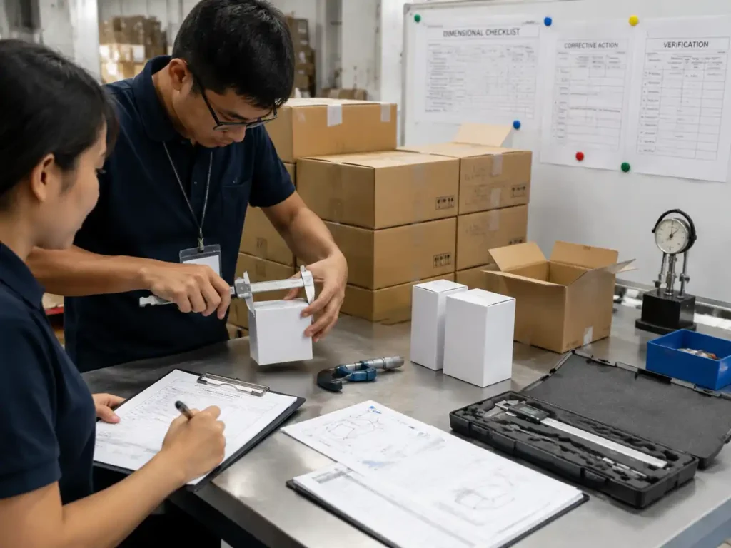 QC staff reviewing packaging dimension records, samples, and traceability documents after in-process inspection.