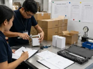 QC staff reviewing packaging dimension records, samples, and traceability documents after in-process inspection.