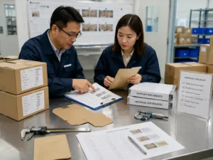 Quality control staff verifying packaging material records, samples, and approval documentation.