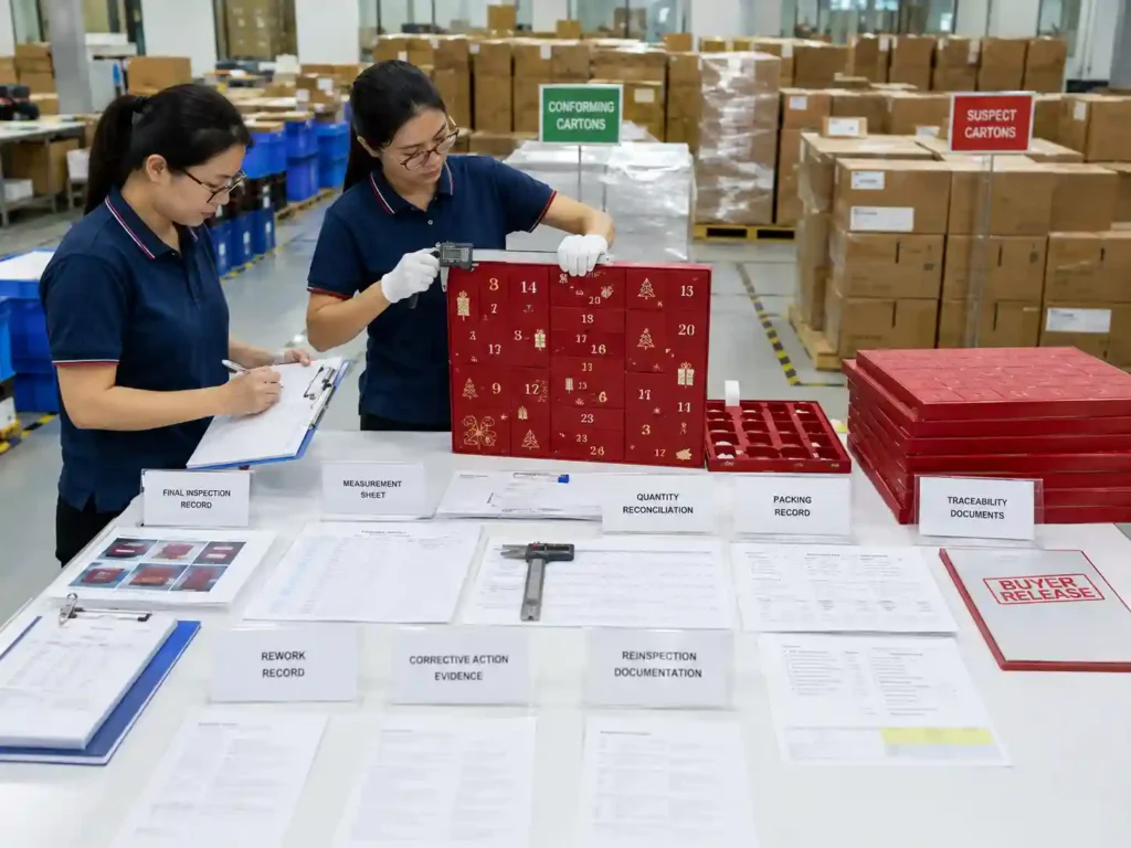 Quality staff checking inspection, corrective action, quantity and packing records before final balance payment release.
