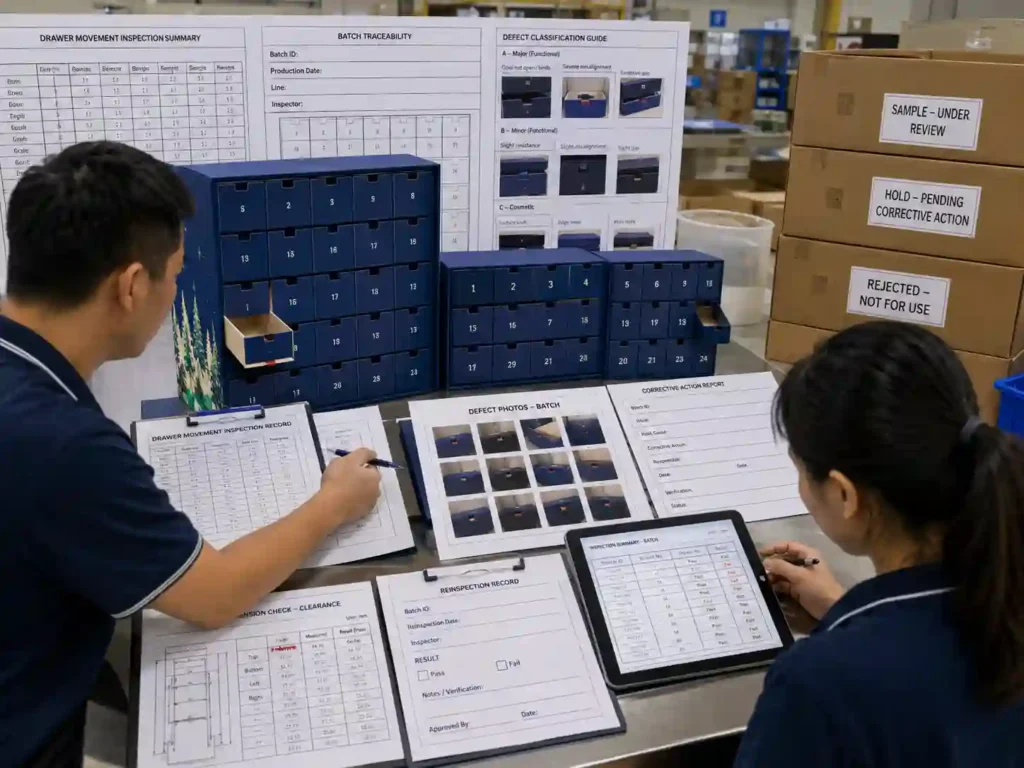 QC staff reviewing batch traceability and corrective-action records after advent calendar drawer movement inspection.