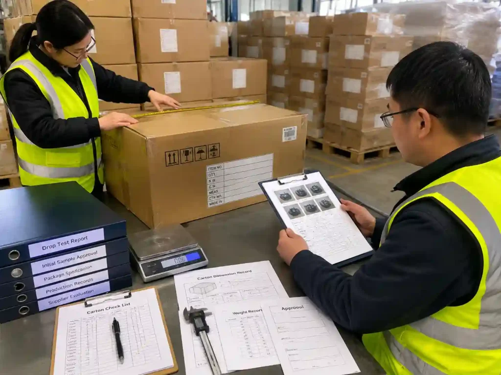 QC inspection of advent calendar cartons with drop test records and shipment verification documents.
