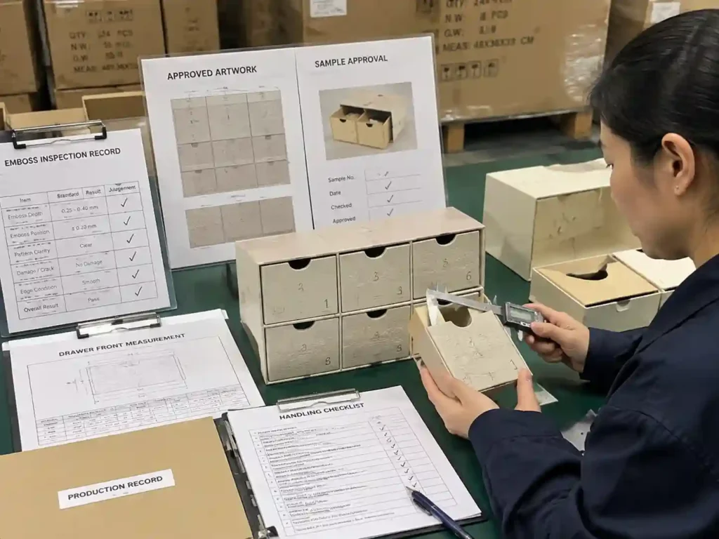Quality control staff verifying embossed drawer front inspection records and production approval documents.