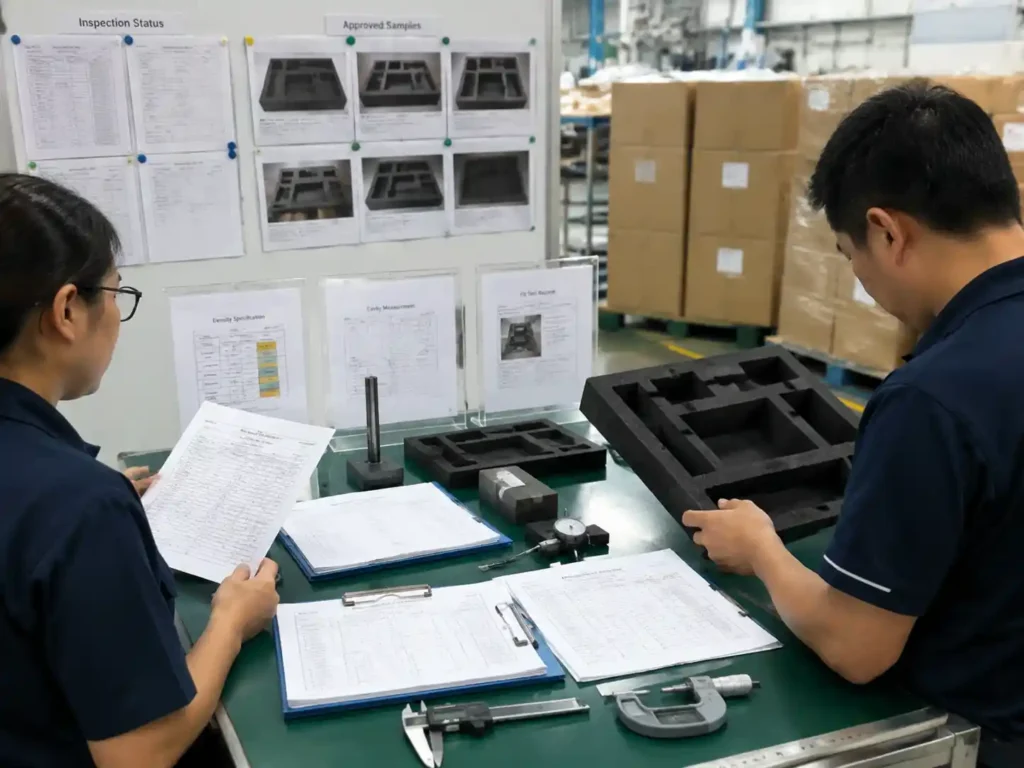QC staff verifying EVA insert density zones with inspection records and measurement documents