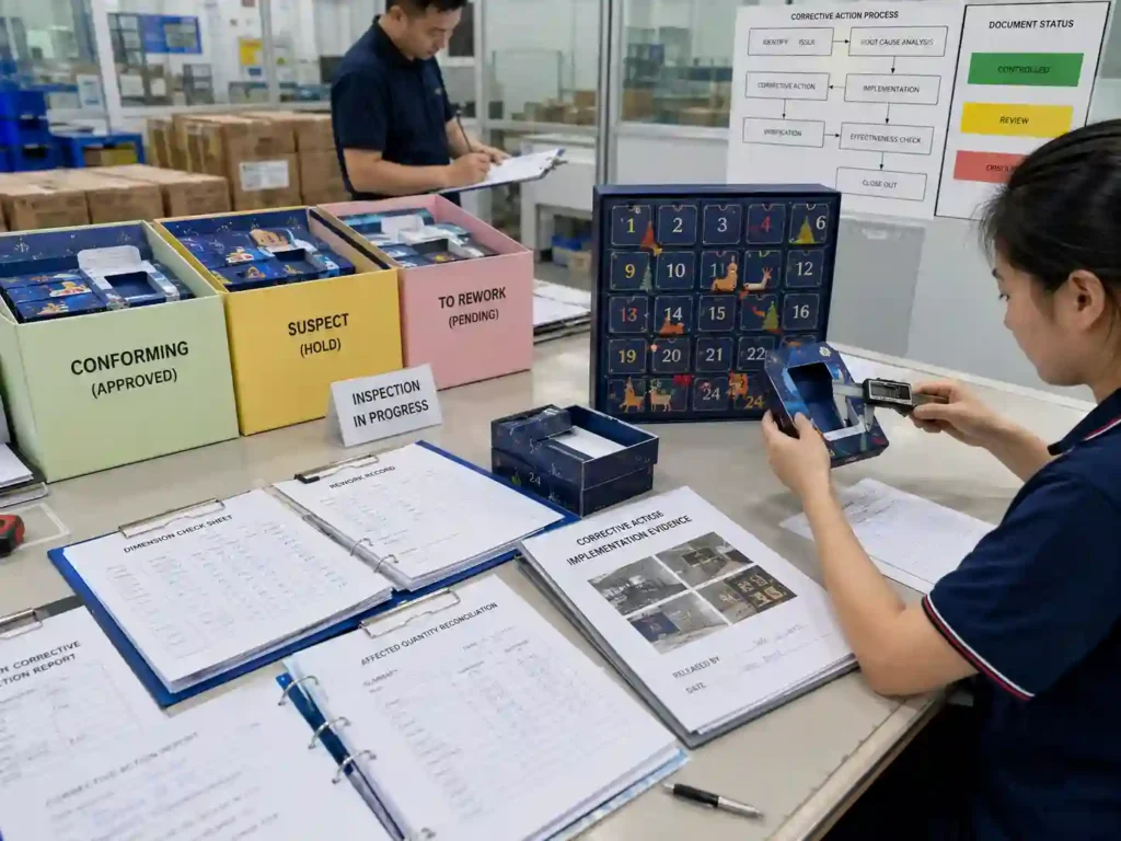 Quality staff verifying corrected advent calendar production using measurements, inspection records and corrective-action evidence.