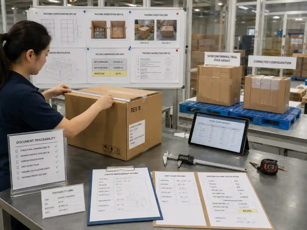 QC staff verifying carton measurements and packing records supporting reduced shipping volume