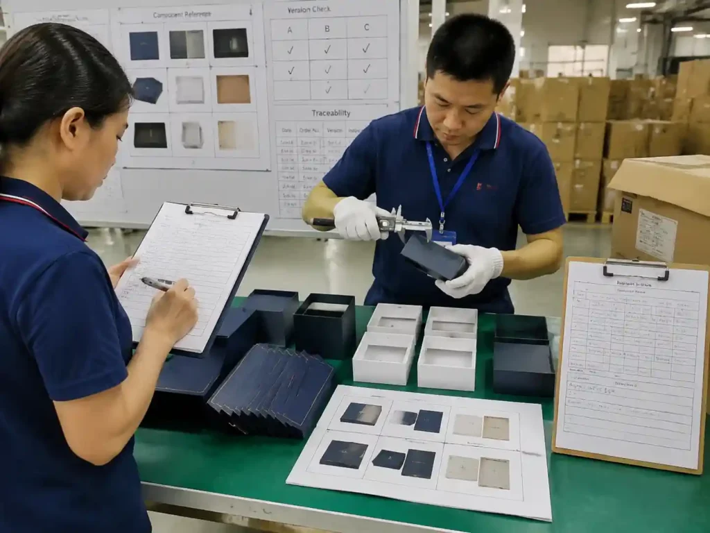 QC inspector verifying packaging traceability records to prevent artwork component mixing.