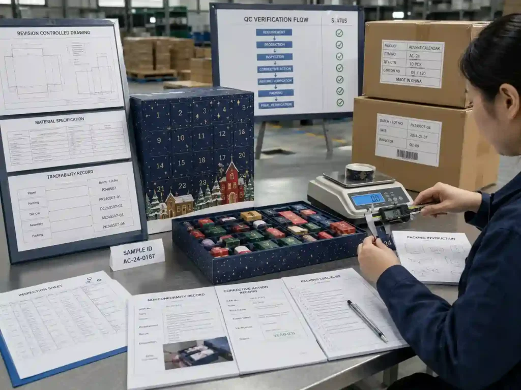 QC staff checking advent calendar factory capability through measurements, traceability records, corrective-action documents and packing evidence.