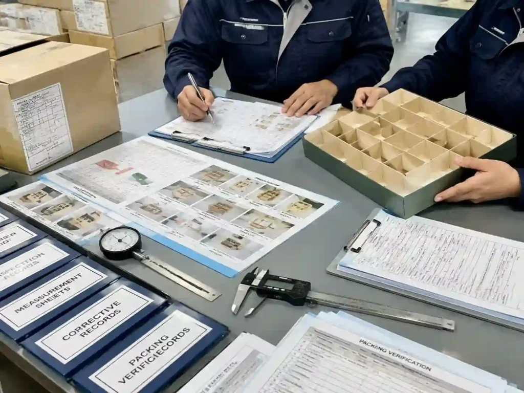 Quality inspectors reviewing packaging inspection records and supplier verification documents.
