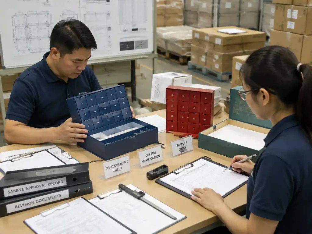 Quality control staff verifying production method sample records and packaging approval documents.