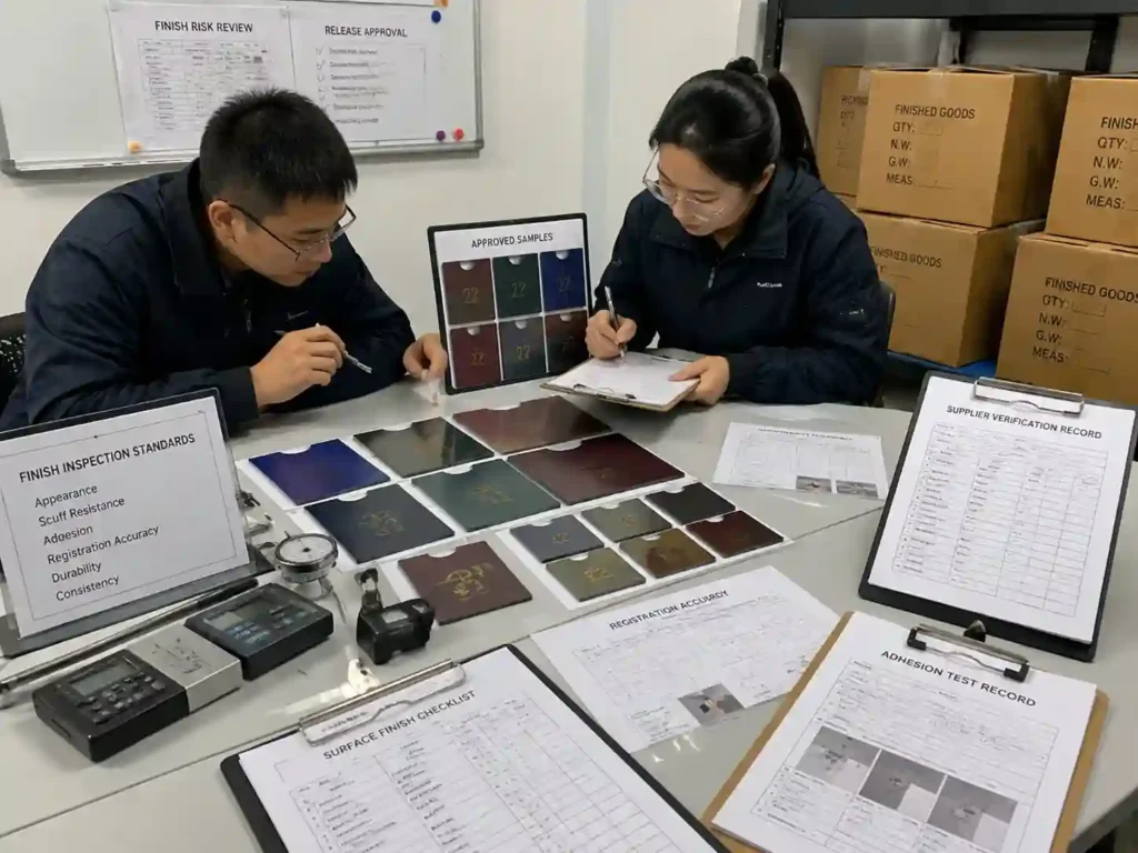 QC team verifying drawer face finish durability records and approved packaging samples