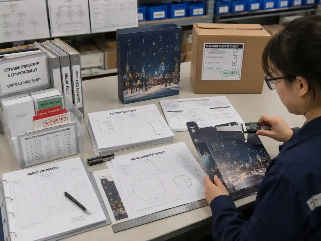 Quality staff verifying packaging against confidential approved dielines, revision records and production documents.