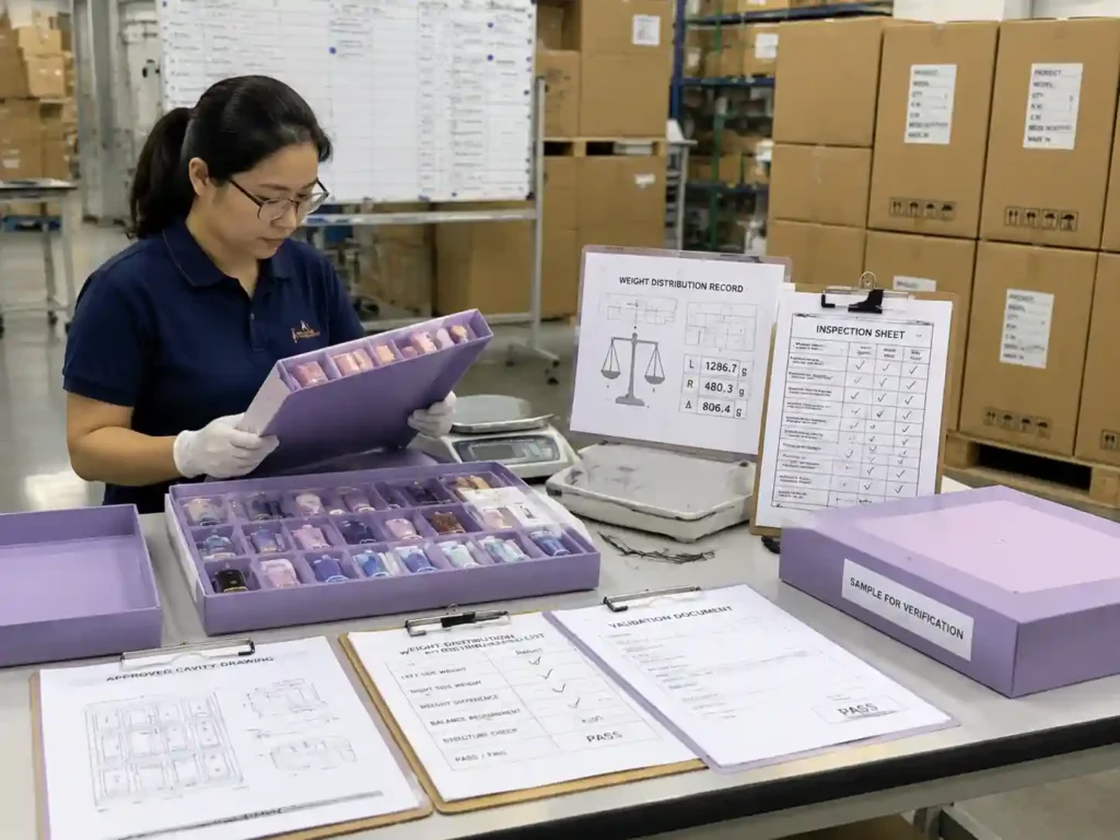 QC staff verifying advent calendar weight distribution records and loaded packaging samples