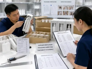 QC inspection of pump bottle insert protection with packaging records and measurement checks.