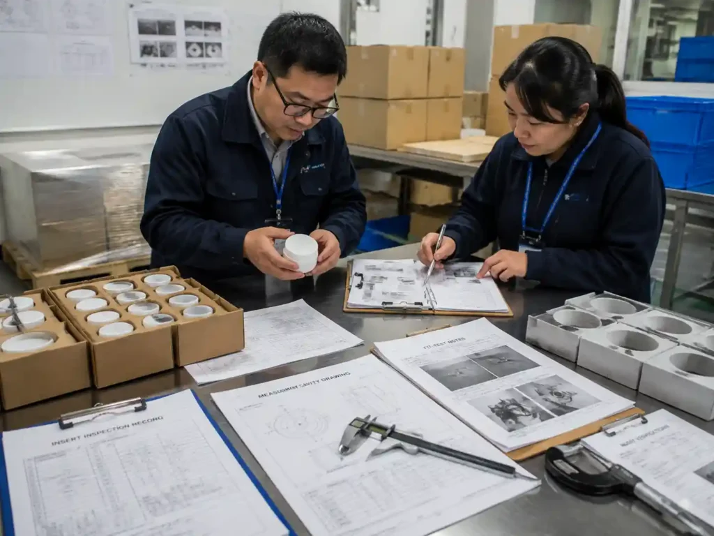 Quality control team verifying round jar insert measurements and packaging retention records