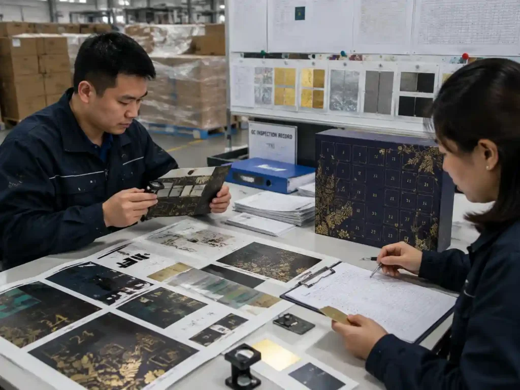 QC team verifying hot foil and cold foil packaging finish quality before production release