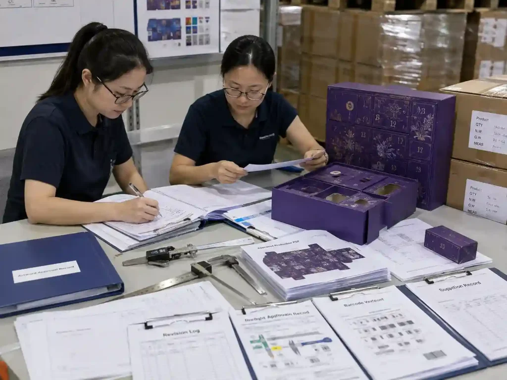 Quality control team verifying artwork approval records and production documentation before packaging manufacture.