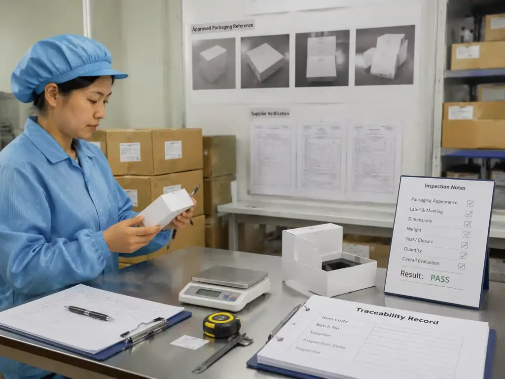 Quality control verification of golden sample packaging records and approved references