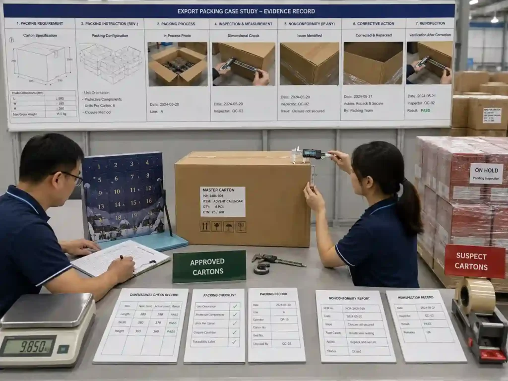 QC staff verifying traceable advent calendar export packing records, carton measurements and corrective actions.