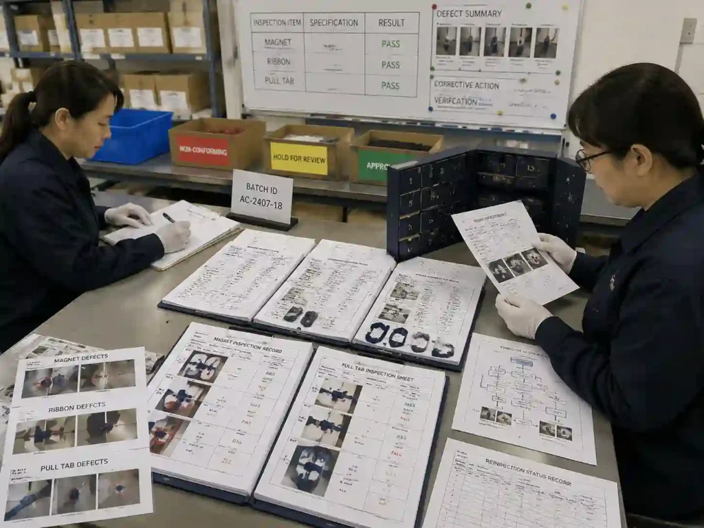 Quality documentation area showing traceable inspection records for advent calendar magnets, ribbons, and pull tabs.