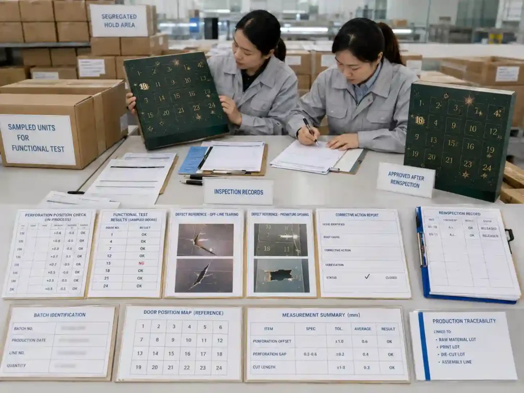 QC records tracing sampled perforated door defects, corrective action, and reinspection for advent calendar production.