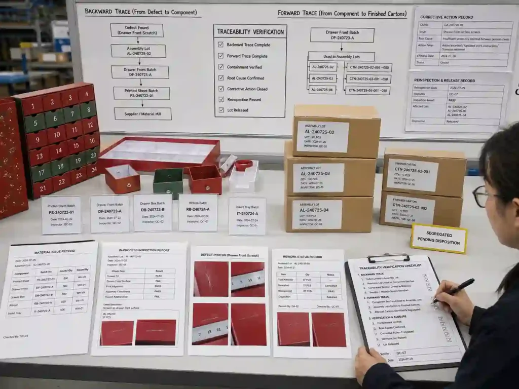 QC documentation linking calendar box component batches to assembly lots, corrective action, reinspection, and finished cartons.