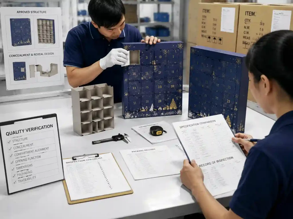 Quality inspectors verifying concealed reveal design features and packaging approval records.