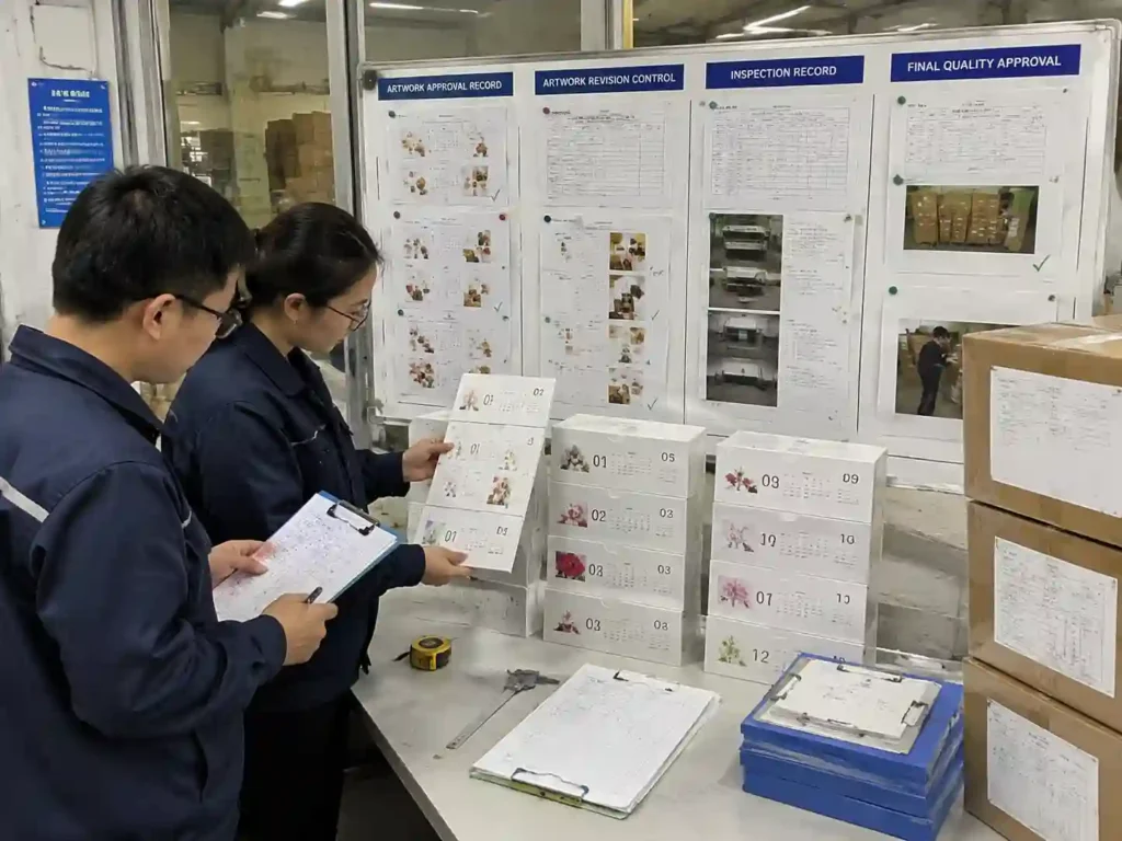 QC team verifying unique drawer artwork approval records, samples, and production inspection checks